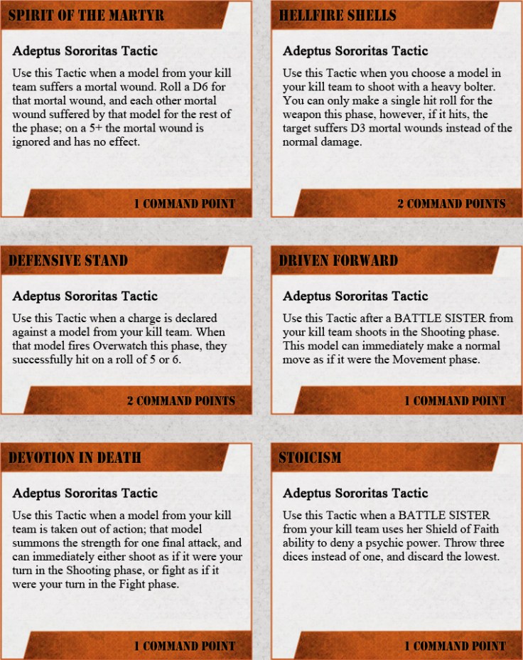 Tactics for the Sisters of Battle in Warhammer 40k Killteam. House Rules for the Adeptus Sororitas.