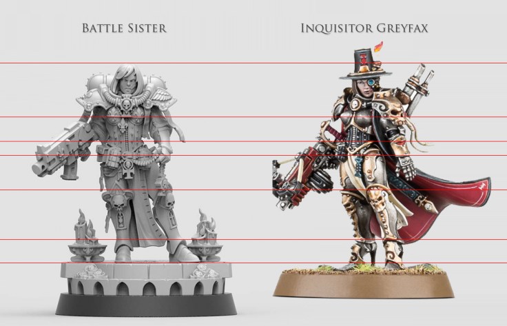 Size comparison of a Battle Sister and Inquisitor Greyfax.