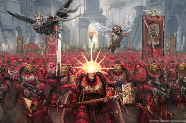 artwork of an army of Blood Angels marching